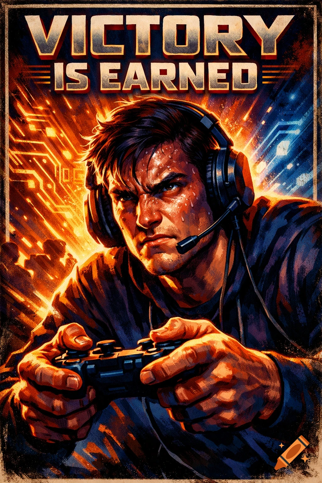 A dramatic propaganda poster of an intense, sweating male gamer with headphones and a controller, with 'VICTORY IS EARNED' above.
