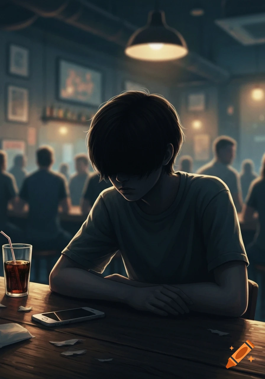 A sad, dark-haired youth sits at a wooden bar table, looking down. A drink, phone, and crumpled tissues are beside them in an anime style.