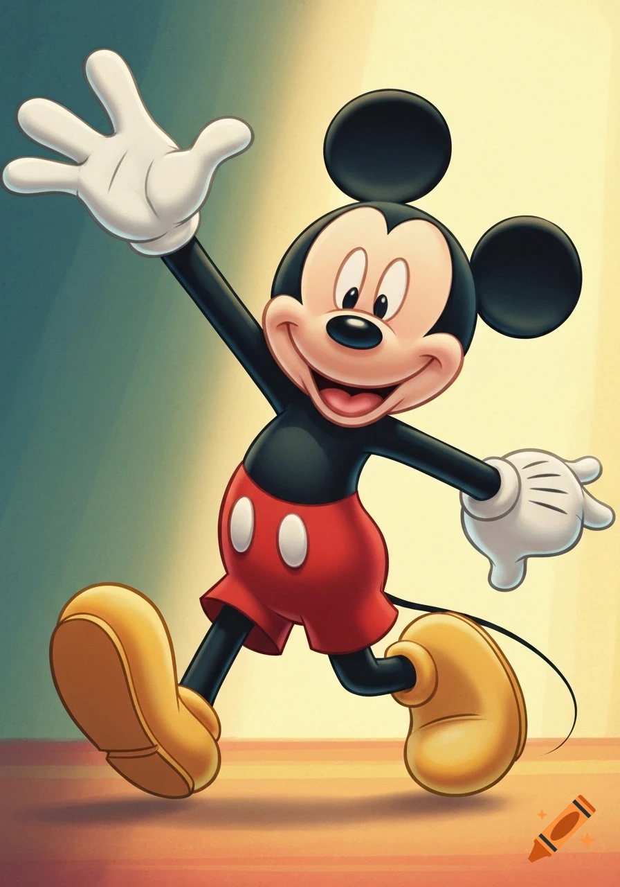 A cheerful cartoon illustration of Mickey Mouse with a big smile, waving his right hand while stepping forward.
