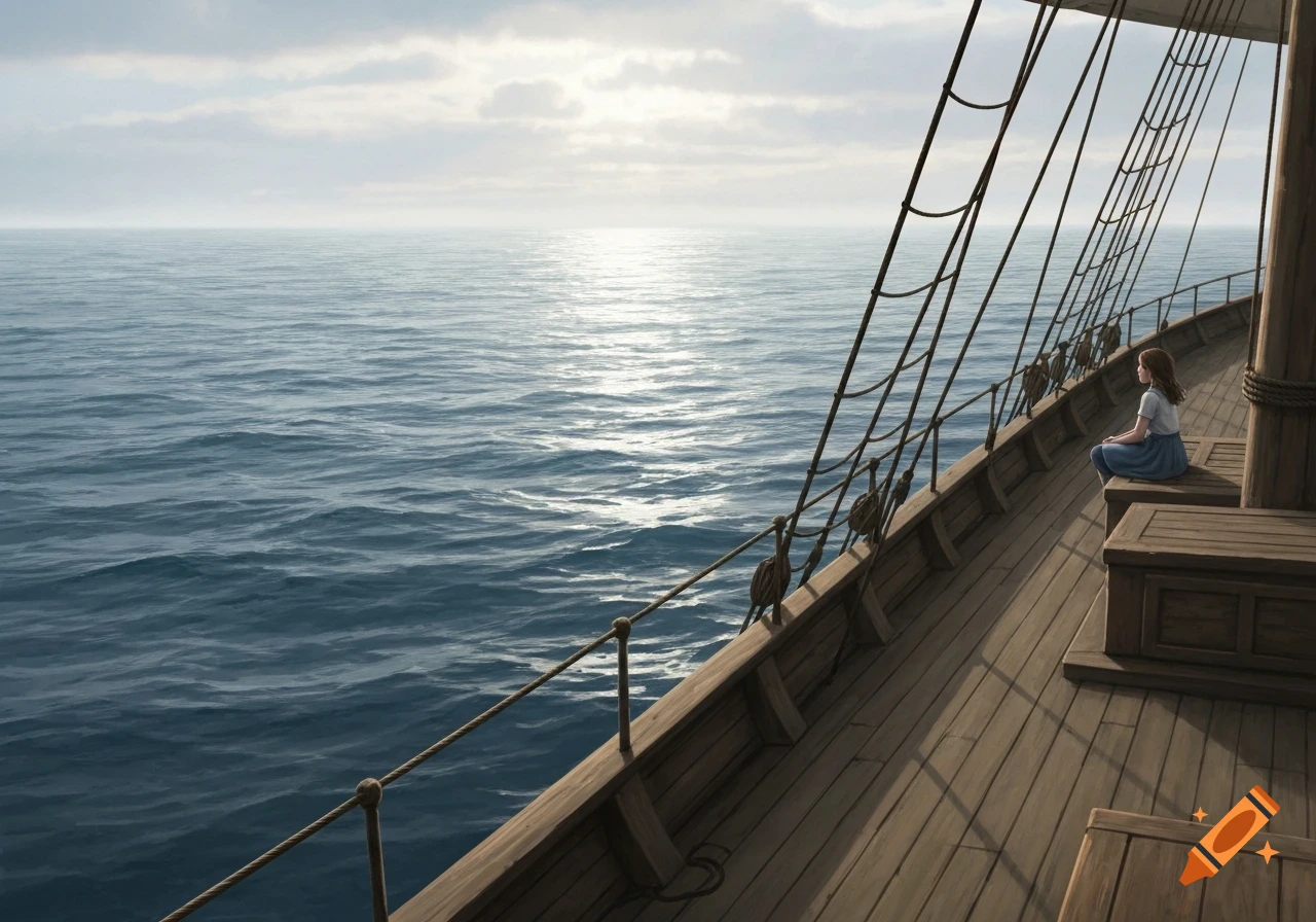 A young girl sits on the wooden deck of a sailing ship, gazing out at the vast blue ocean under a bright, cloudy sky.