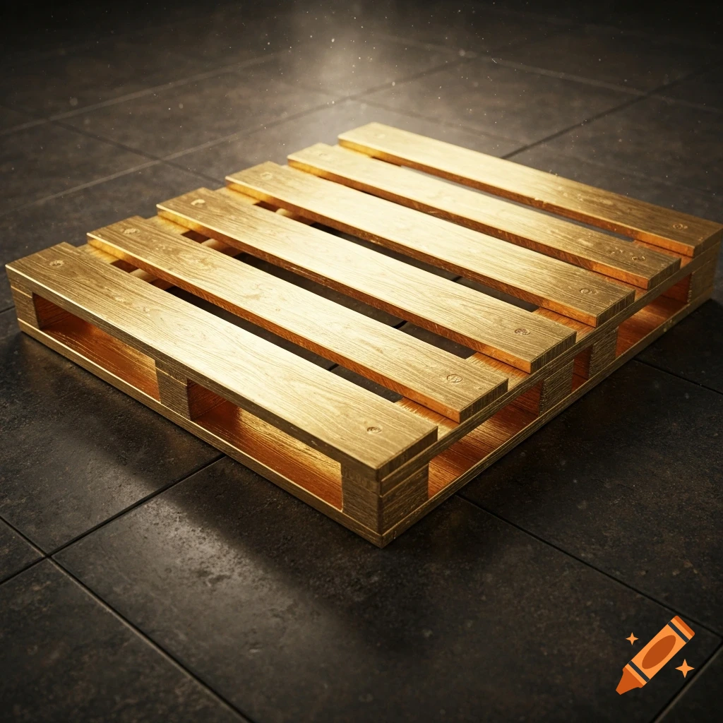 A photorealistic image of a wooden pallet made of shiny gold, resting on a dark tiled floor with subtle reflections.