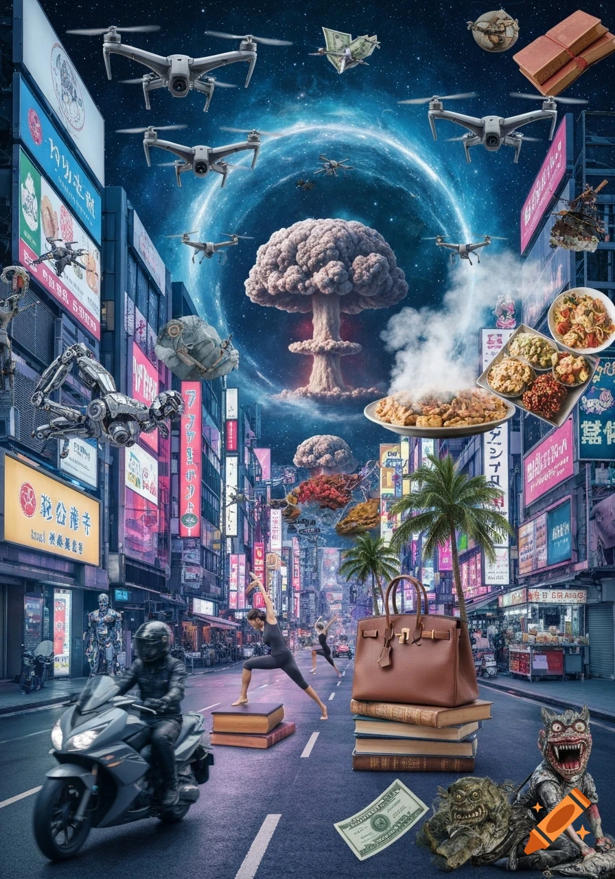 A vibrant cyberpunk city street forms a chaotic collage with a mushroom cloud in space, drones, robots, people doing pilates, a motorbike, food, monsters, a Birkin bag, and books.