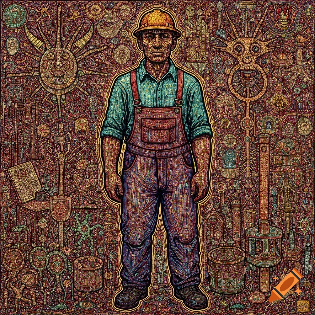 A man in a hardhat and overalls stands against a dense, intricate, colorful patterned background in the style of Adolf Wölfli.