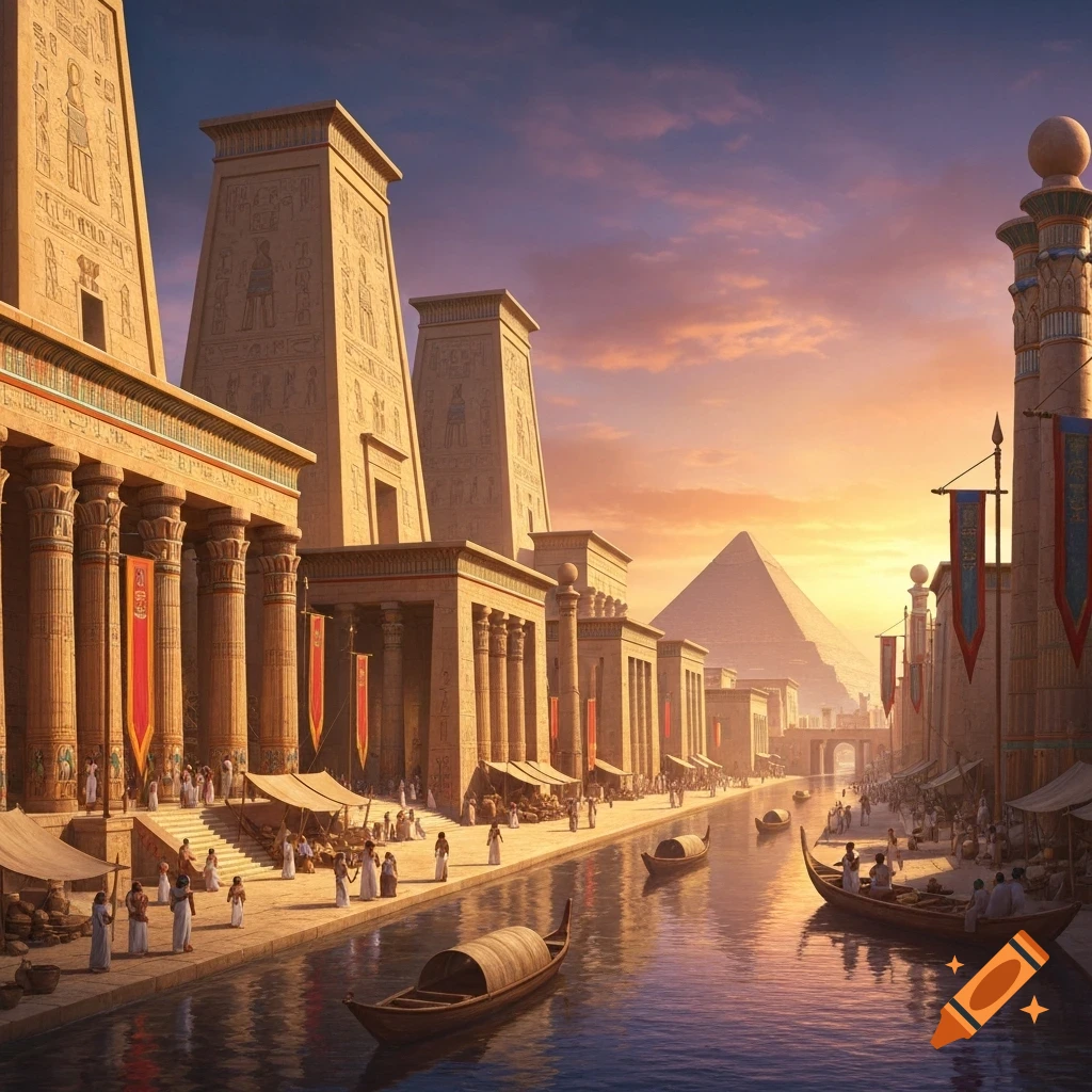 A vibrant ancient Egyptian city at sunset with grand temples lining a canal where boats float, and people walk along the bustling waterfront, with a pyramid in the distance.