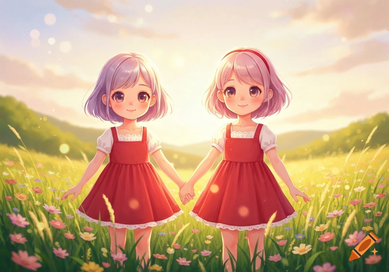 Two cute anime girls with short hair, wearing red dresses, holding hands in a sunlit field of green grass and colorful flowers.