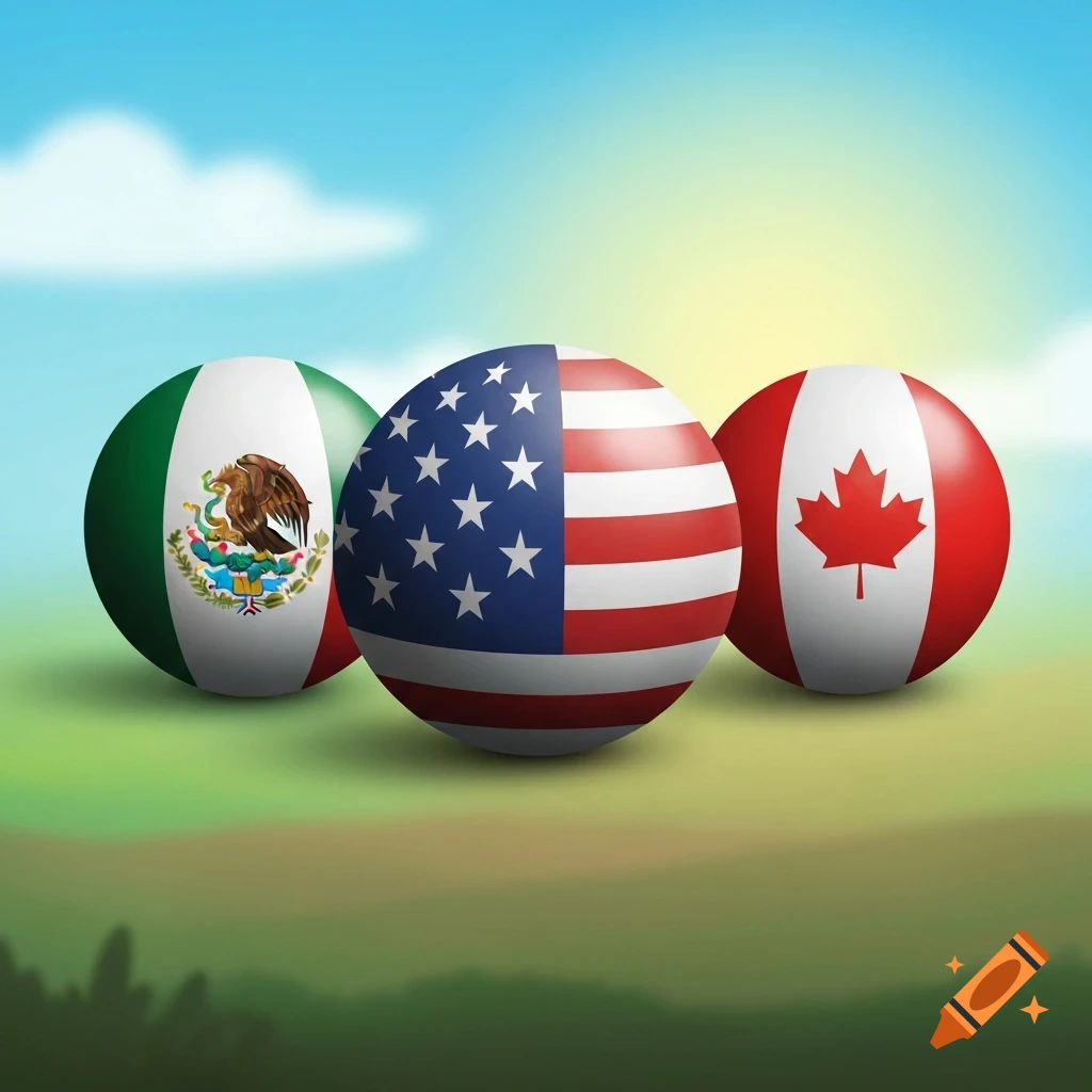 Three spheres representing the flags of Mexico, USA, and Canada on a grassy field under a sunny sky.