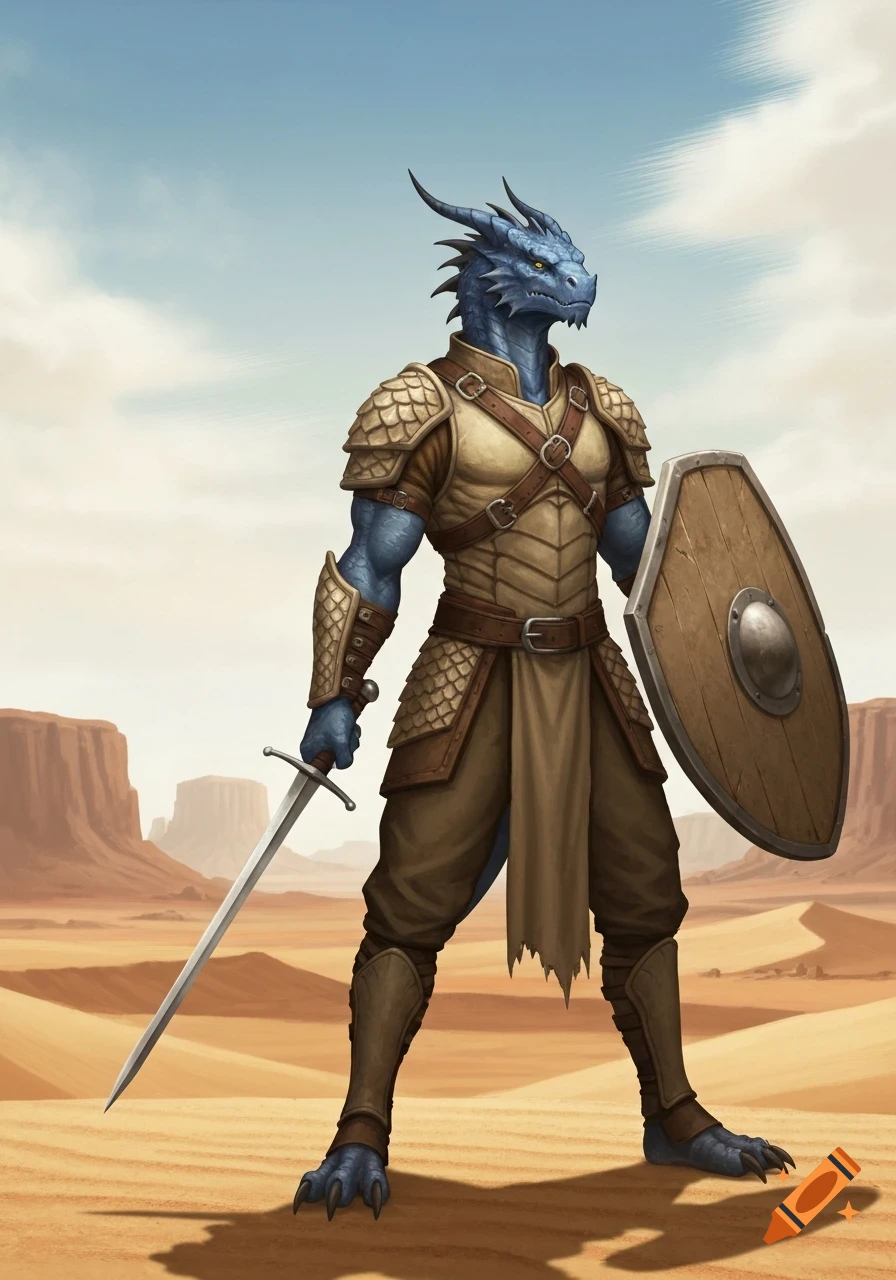 A blue dragonborn warrior in light armor holds a sword and shield in a sandy desert with mesas under a cloudy sky.