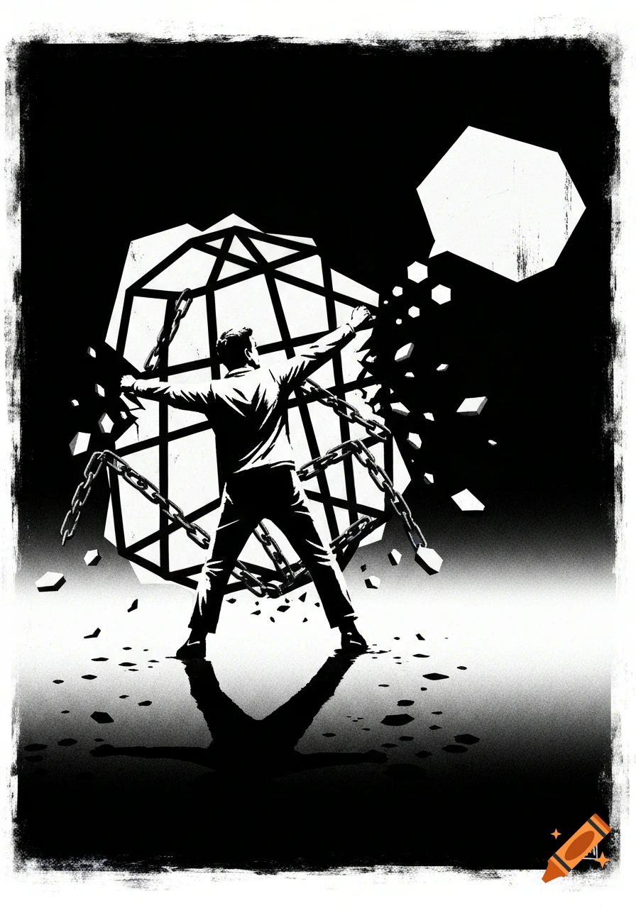 Black and white graphic illustration of a man breaking free from a geometric cage and chains, with a blank speech bubble.