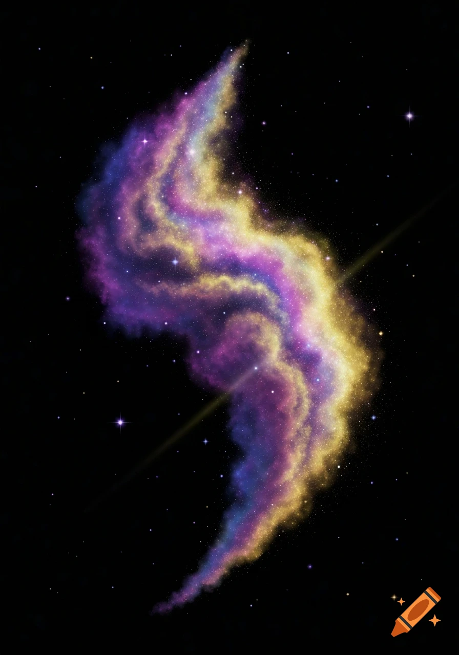 A vibrant, swirling nebula in purple, yellow, and blue against a star-filled galaxy.