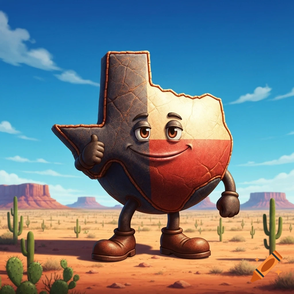 A cartoonish, anthropomorphic Texas map character with a smiling face, arms, and legs, giving a thumbs up in a desert landscape with cacti and mesas under a blue sky.