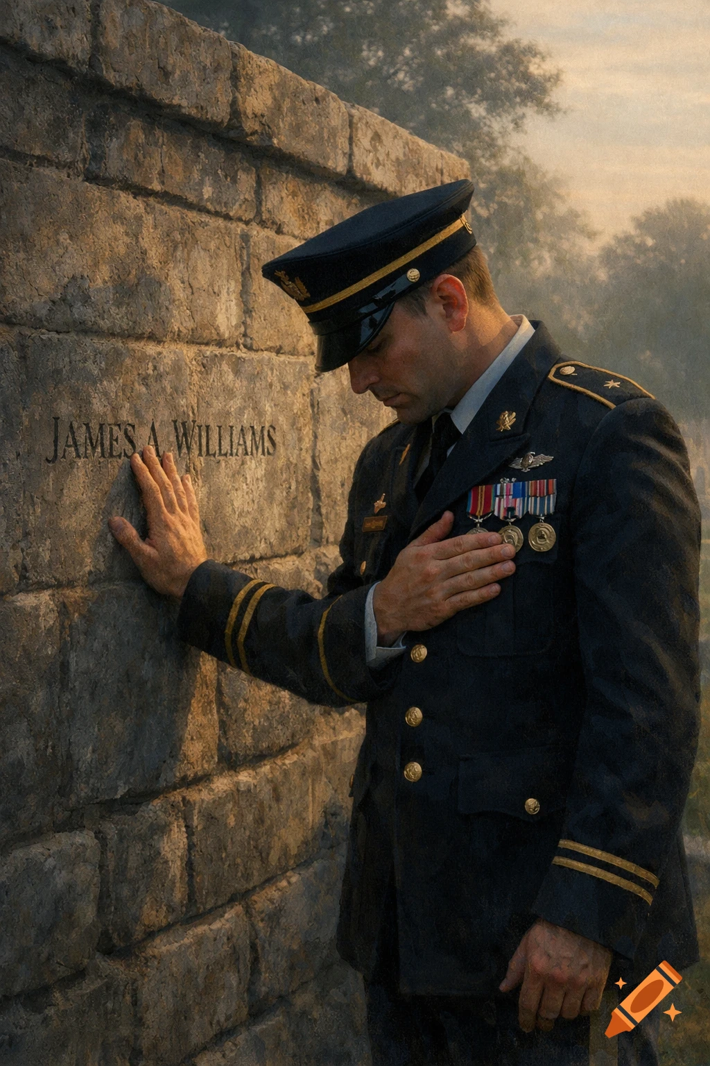 A grieving soldier in a military uniform touches a stone wall engraved with "JAMES A. WILLIAMS", his hand over his heart, head bowed in a photorealistic style.