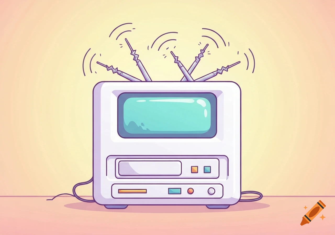 A white cartoon mainframe computer with a turquoise screen and broken antennas emitting wavy lines on a pale yellow background.