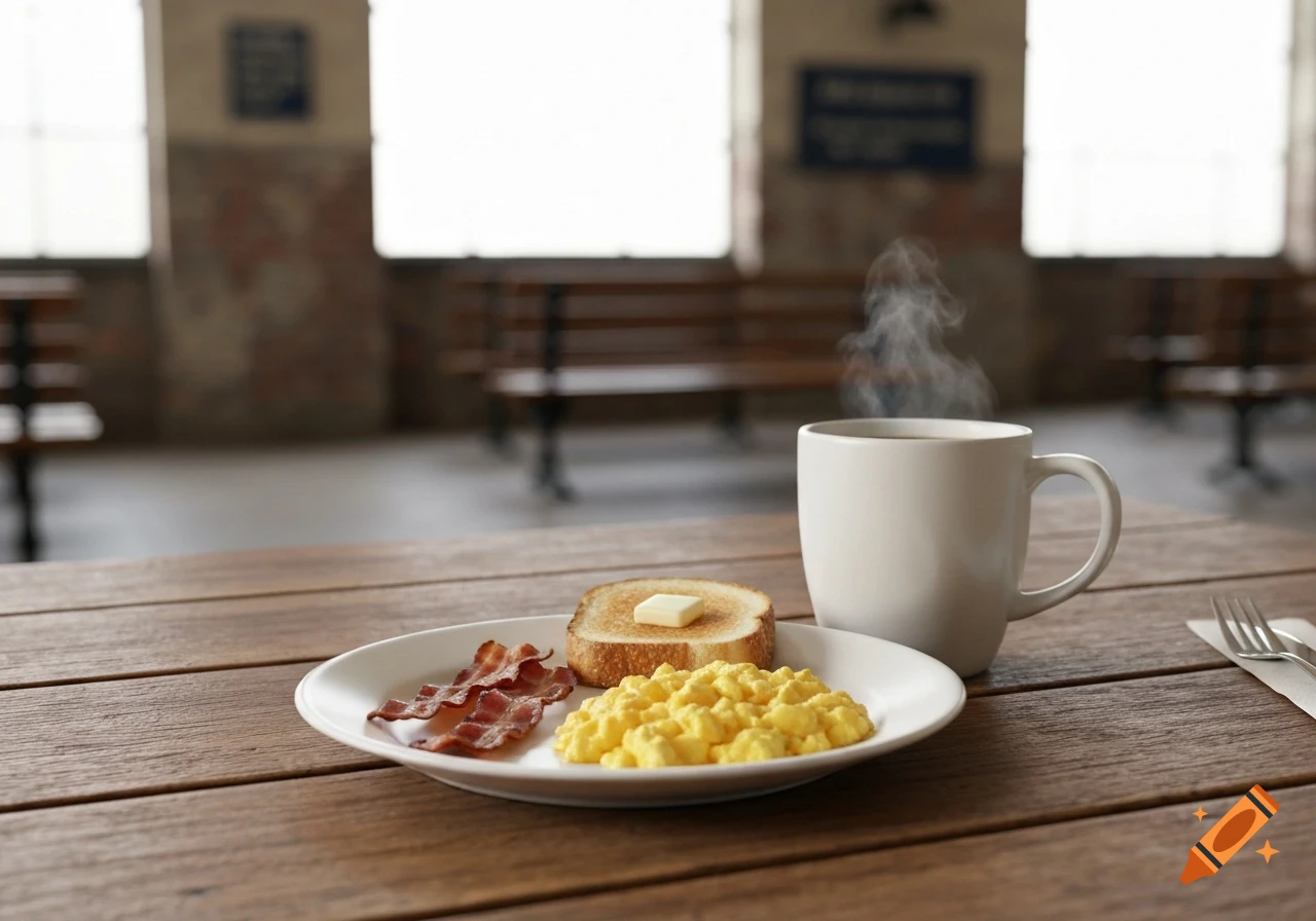 A plate with bacon, scrambled eggs, toast, and butter sits next to a steaming coffee cup on a wooden table in a blurry cafe. Photorealistic.