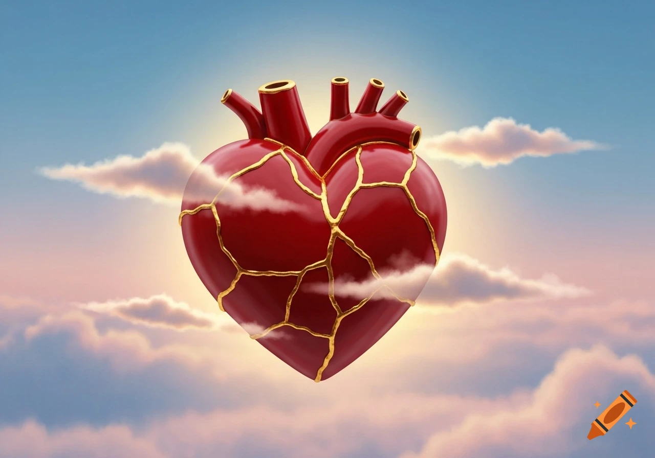 A 3D rendered red kintsugi heart with golden cracks and tubes floats among soft clouds in a blue and orange sky.