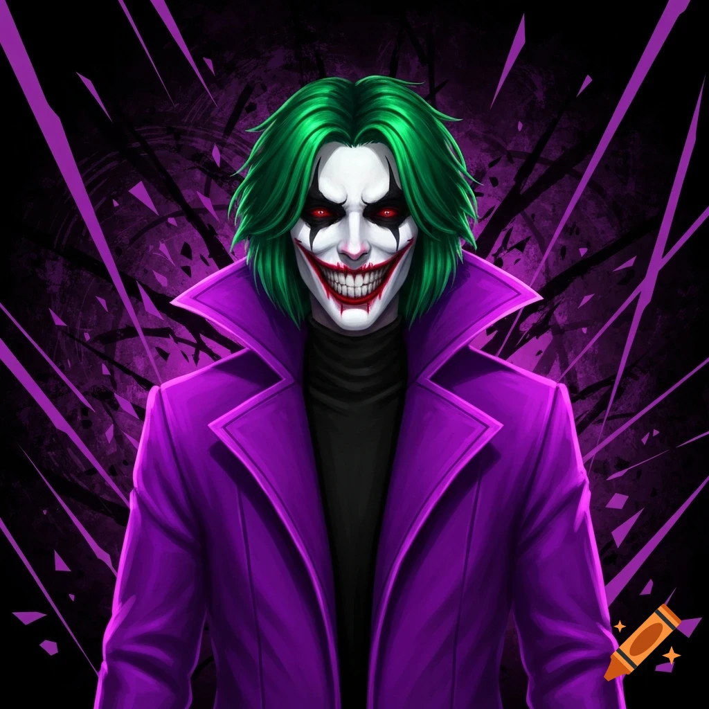 Stylized portrait of a green-haired villain with a white face, wide red smile, and red eyes, wearing a purple coat, against a chaotic background.