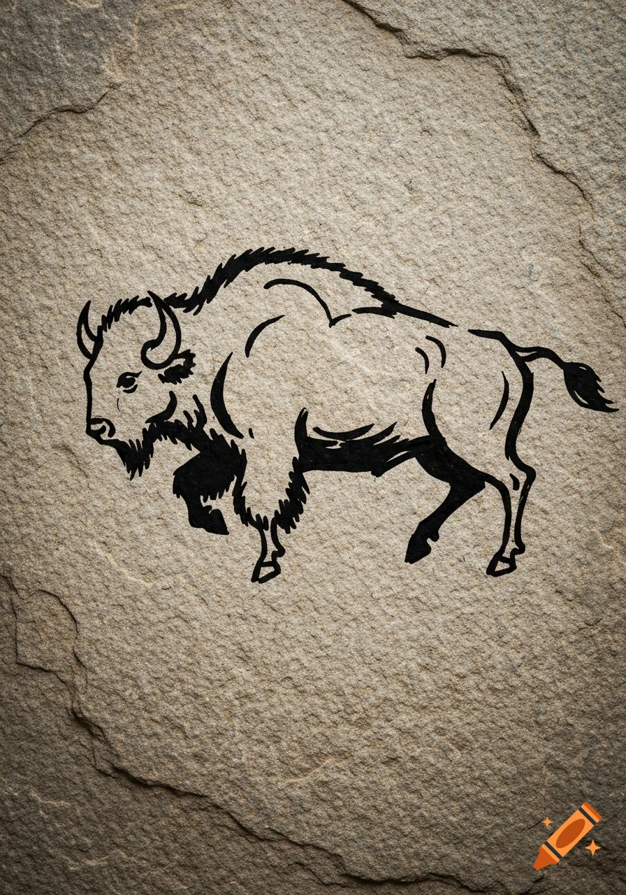 A black ink sketch of a bison in profile, depicted in a cave art style, on a textured stone background.