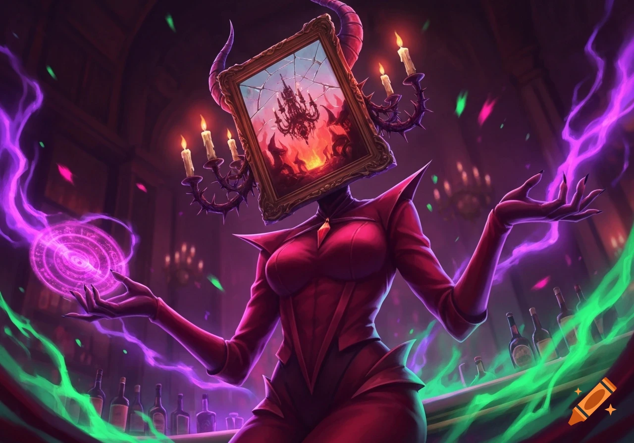 A stylized demon-like figure with horns and a broken mirror for a head, holding glowing magic, stands in a dark bar.