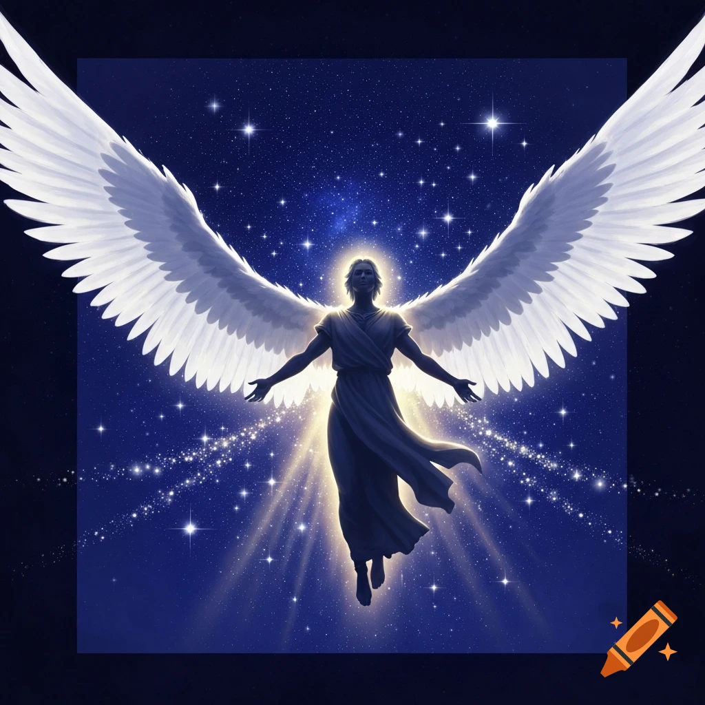 An angel with large white wings hovers glowing in a dark blue starry night sky, radiating light.