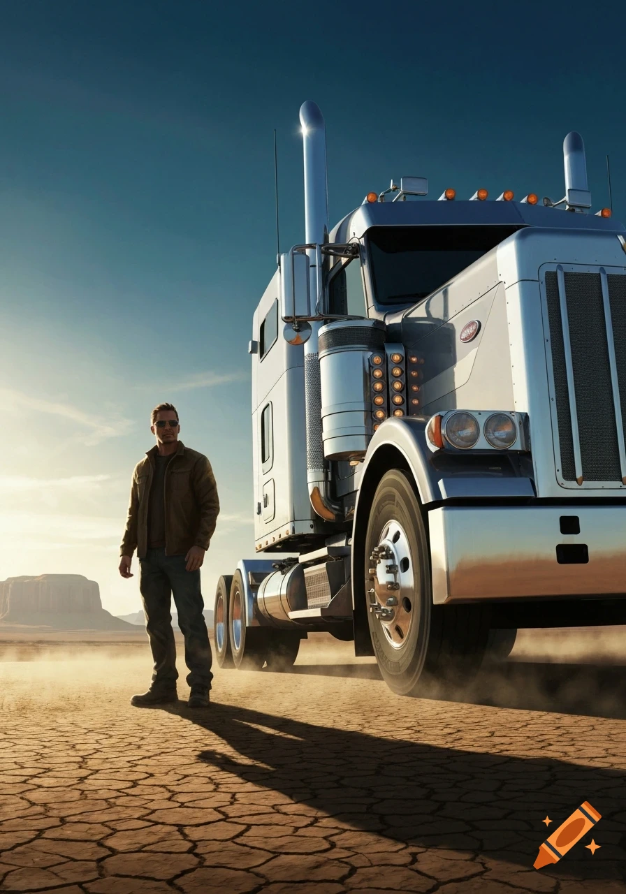 Photorealistic image of a man in sunglasses and a jacket standing next to a semi-truck on cracked desert ground, with mountains in the distance under a clear sky.