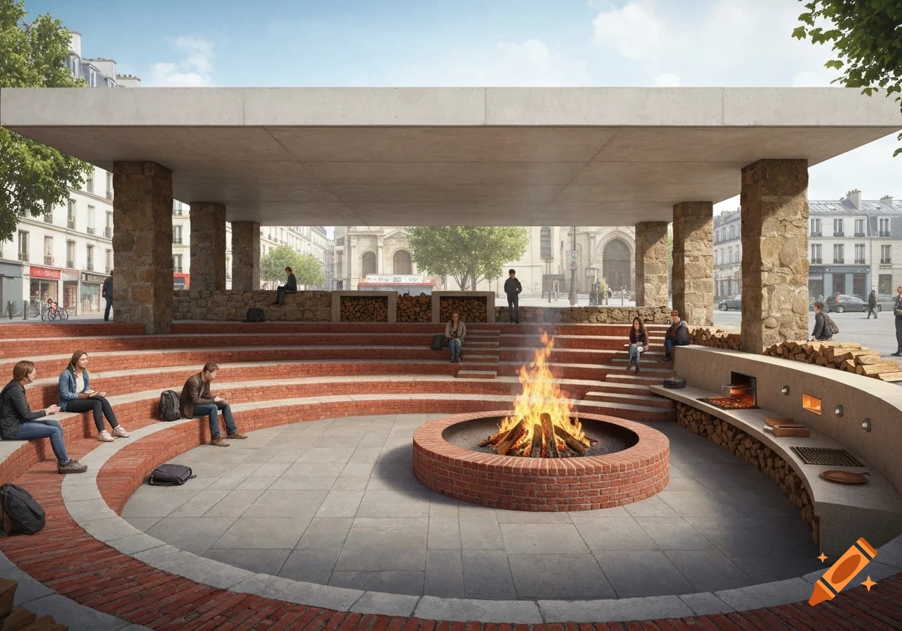A photorealistic rendering of a public square with a central fire pit surrounded by brick tiered seating and people, beneath a concrete roof.