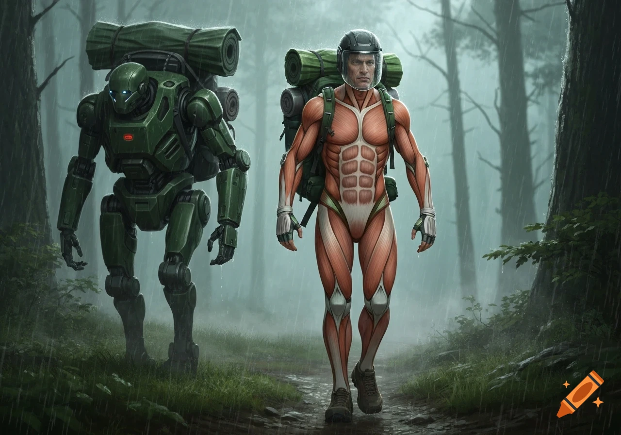 A man in a realistic muscle-exoskeleton-suit with a transparent visor and a green robot with a backpack hike through a rainy forest.