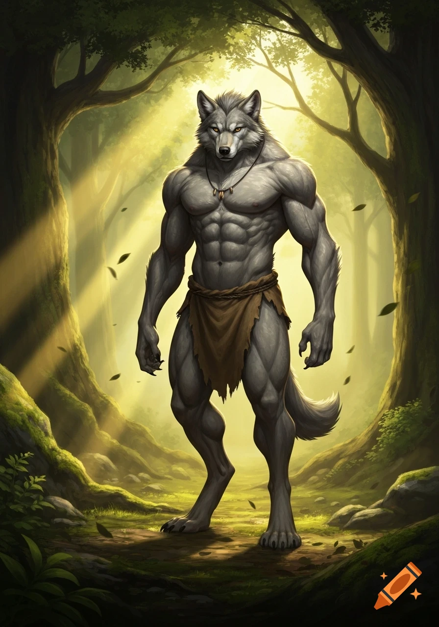 A muscular gray anthro wolf wearing a loincloth stands in a sunlit fantasy forest, gazing forward.