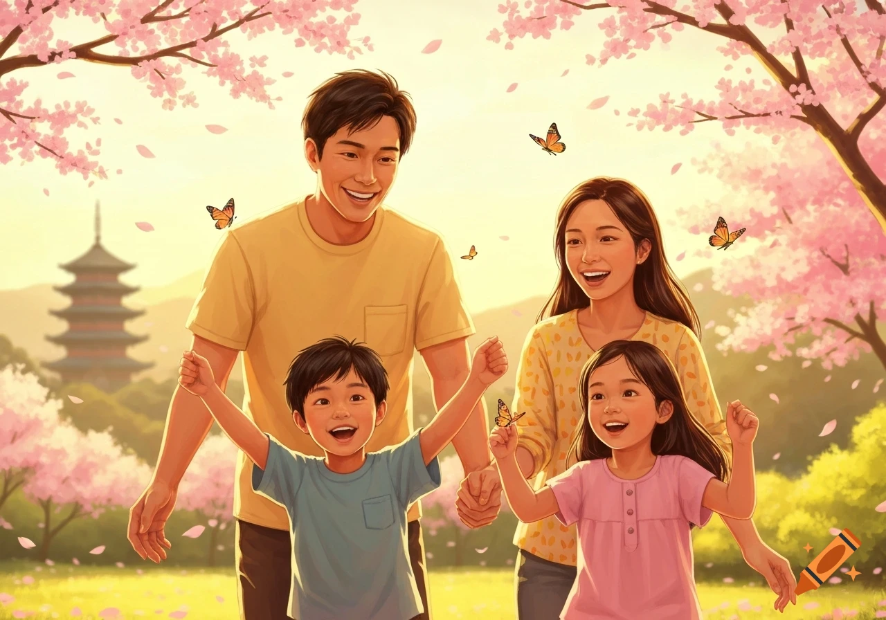 Happy Asian family in a cherry blossom park with butterflies and a pagoda in a vibrant illustration.