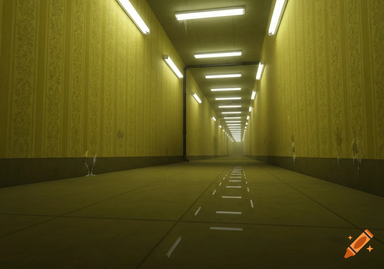A long, eerily lit corridor with yellow patterned wallpaper, fluorescent lights, and a receding perspective into mist.