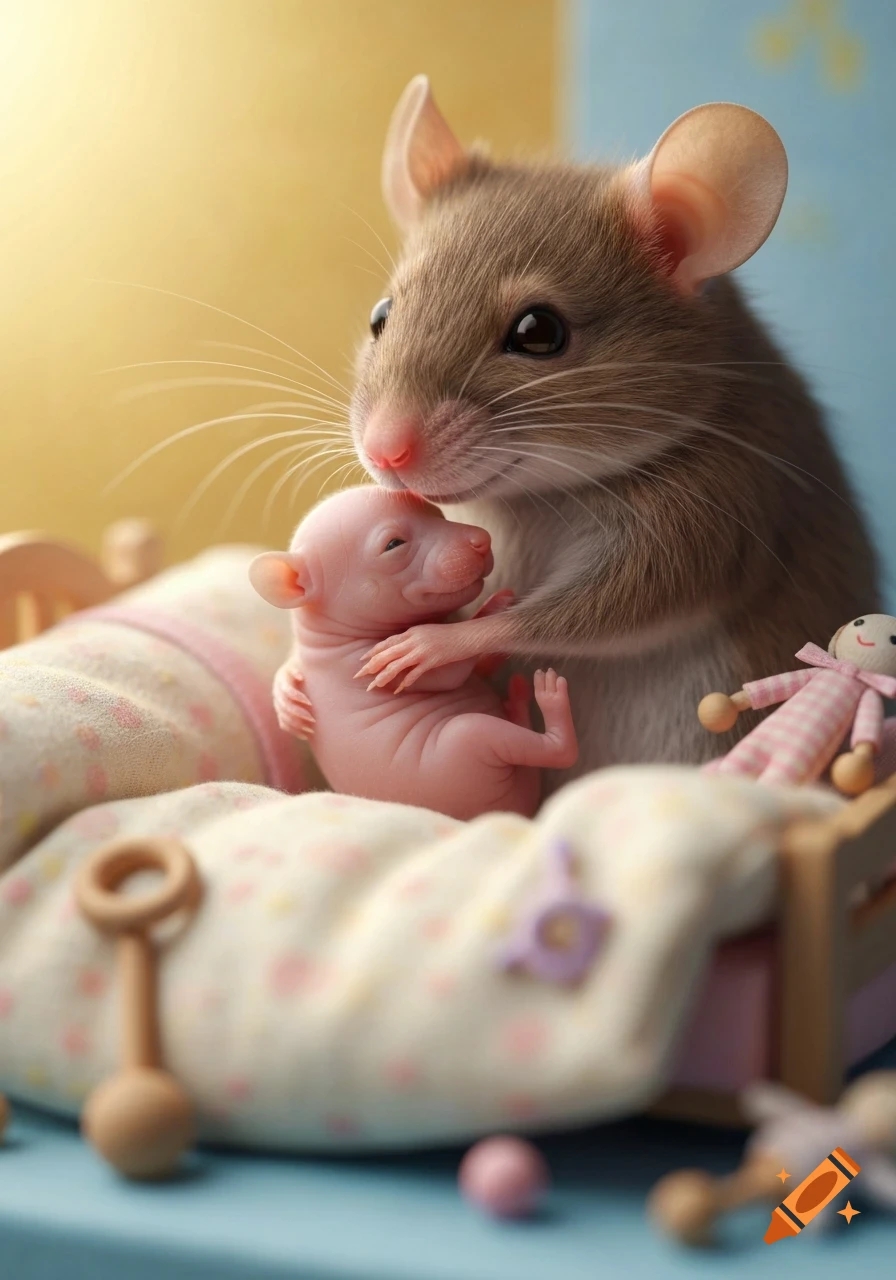 A photorealistic mother mouse gently nuzzles her tiny pink hairless pup nestled in soft, plush bedding with miniature toys in a sunny nursery.