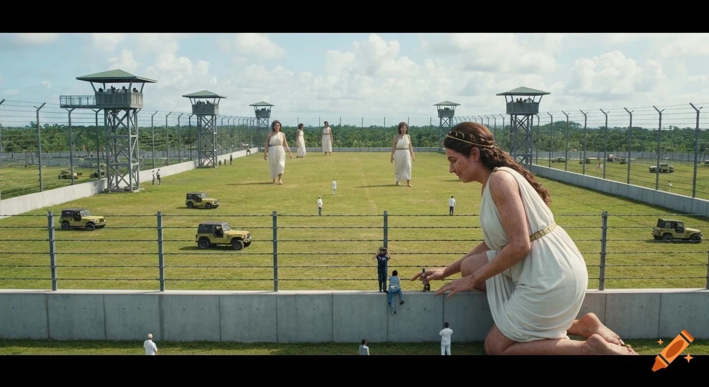 A photorealistic, cinematic scene shows a giantess kneeling behind a tall fence in a high-security theme park, observed by tiny people.