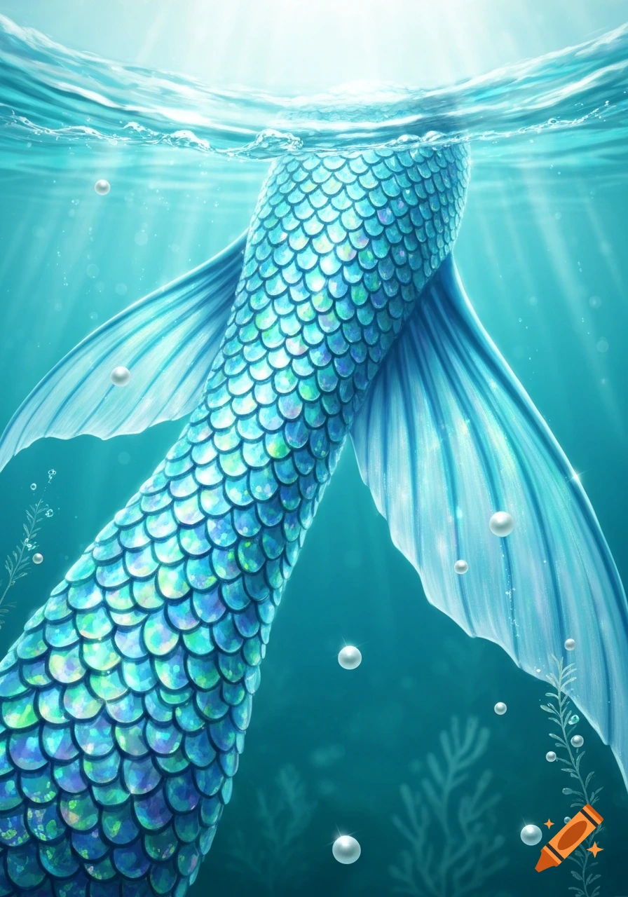 A vibrant blue and green mermaid tail with iridescent scales, partially submerged in clear blue water with light rays and floating pearls.
