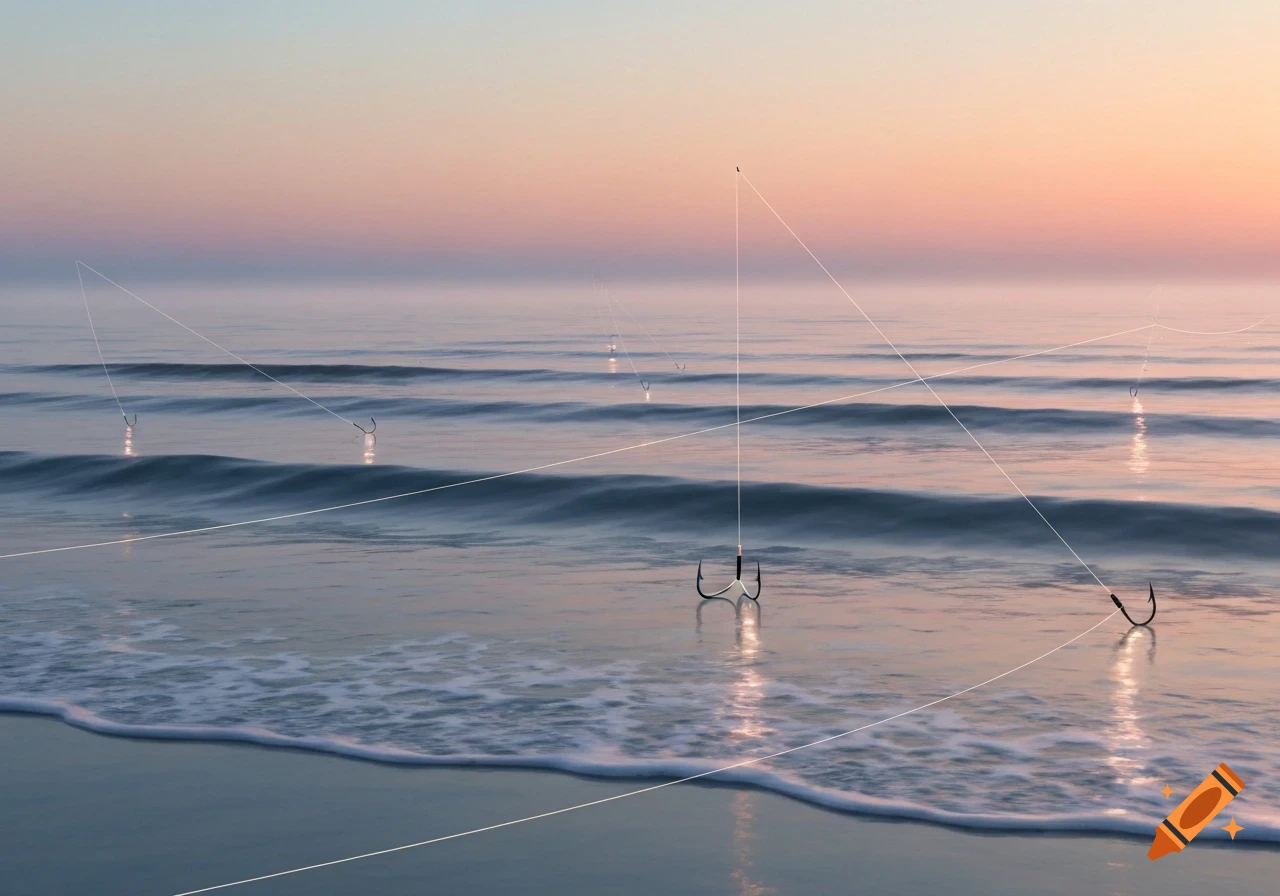 Fishing hooks with thin, glowing lines in the ocean at sunset, with gentle waves breaking on the shore.