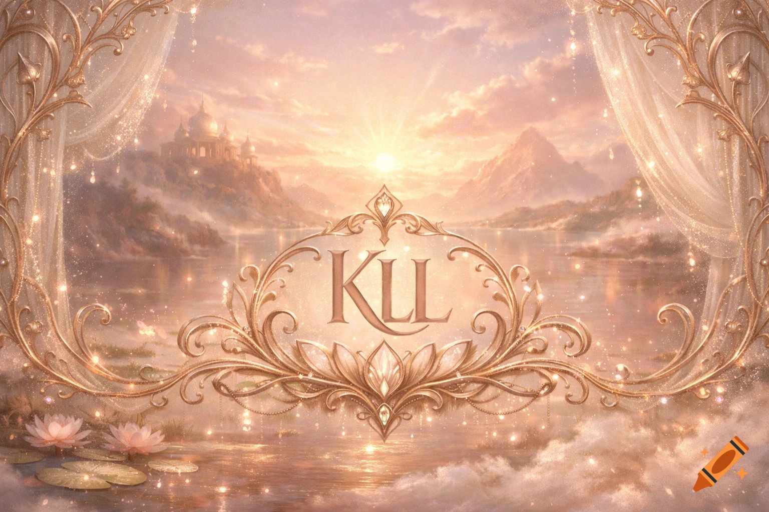 Dreamlike landscape with a golden ornate frame displaying 'KLL' over a sparkling lake, mountains, a castle, and sun.