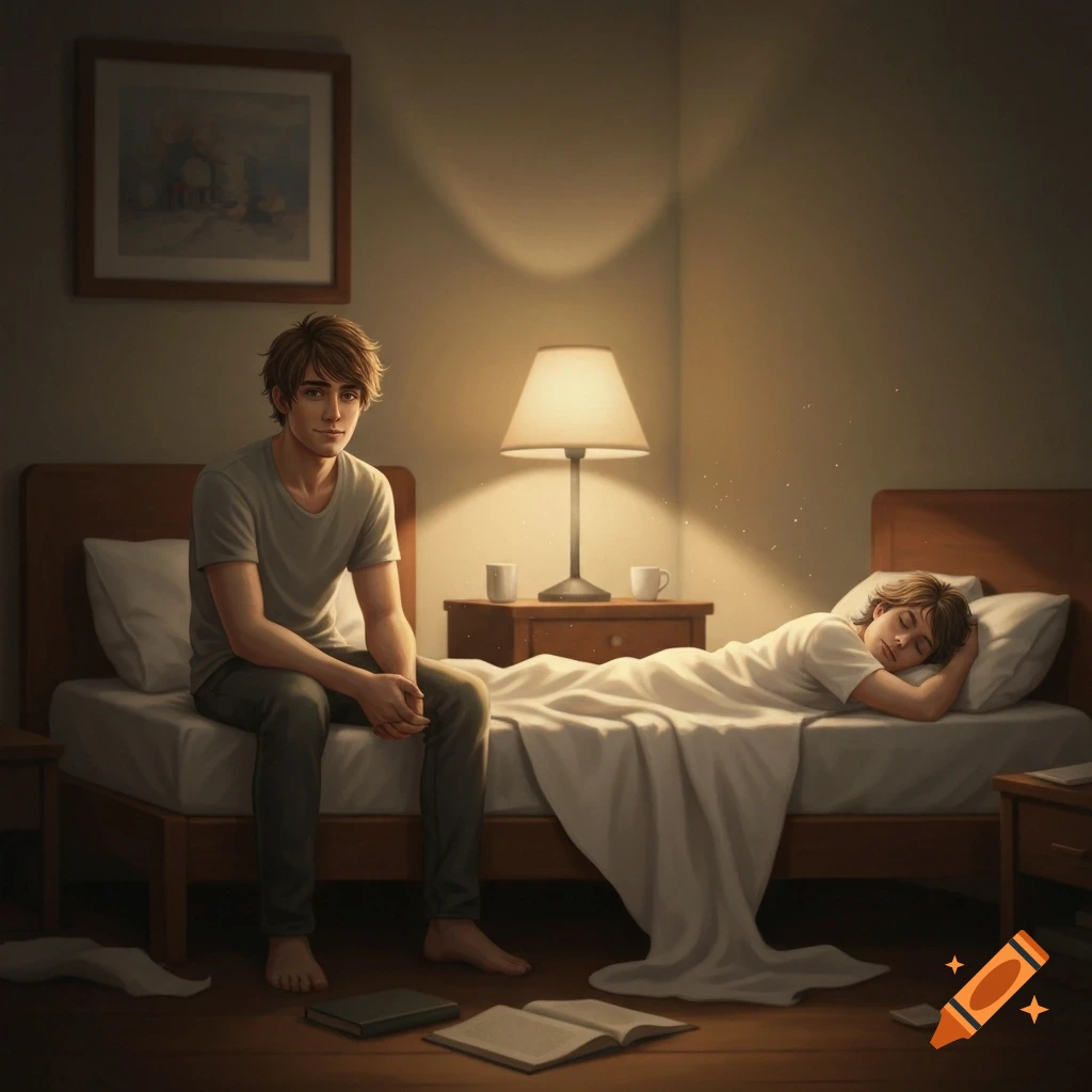 A young man sits on a bed, looking at the viewer, while another young man sleeps peacefully in the bed next to him in a dimly lit bedroom.