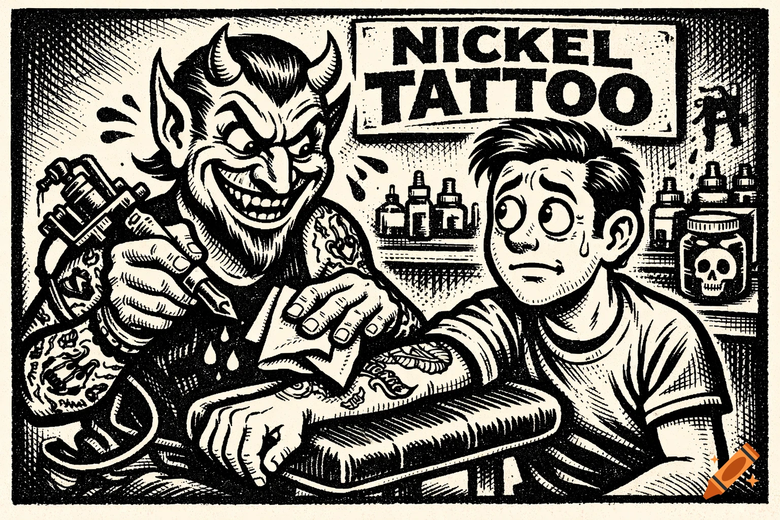 Vintage style cartoon of a grinning devil tattooing a scared young man at Nickel Tattoo studio.