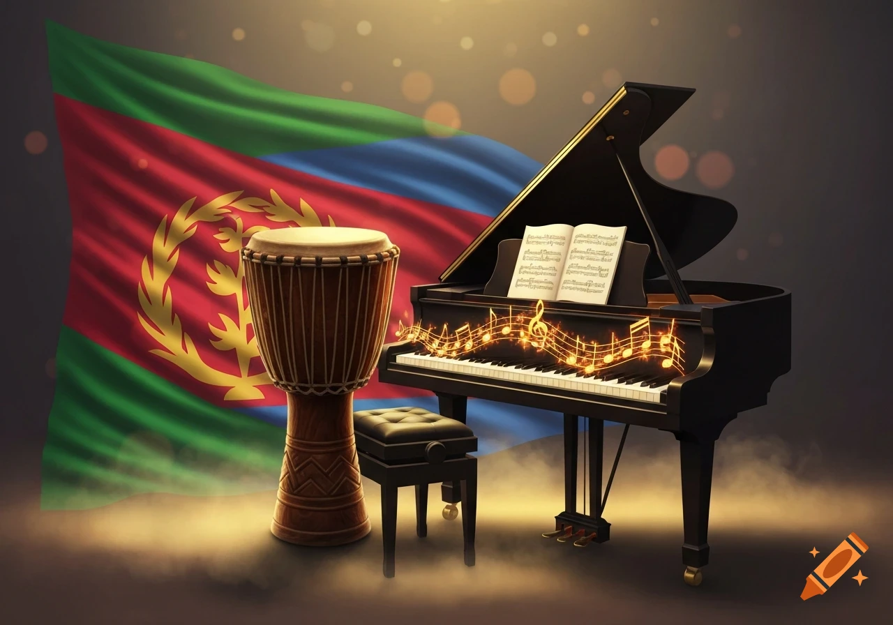 A djembe drum and a grand piano with sheet music, illuminated against the waving flag of Eritrea in the background.