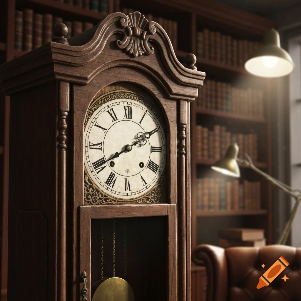 A detailed grandfather clock with Roman numerals in a warm, dimly lit library with bookshelves and a leather armchair.