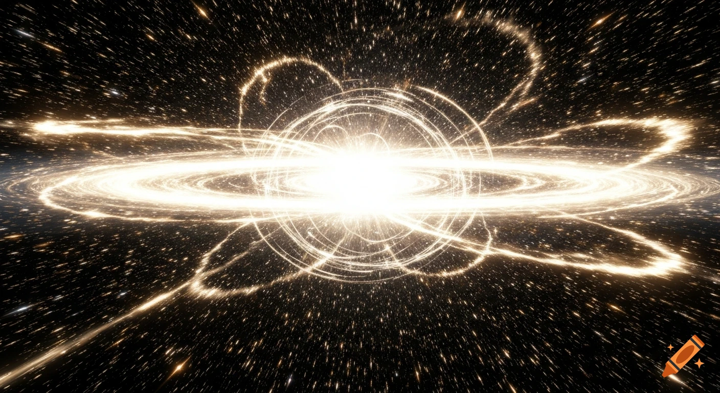 Ultra-realistic shot of the Big Bang ignition with a blinding burst of white-gold light and swirling cosmic energy against a starry black sky.