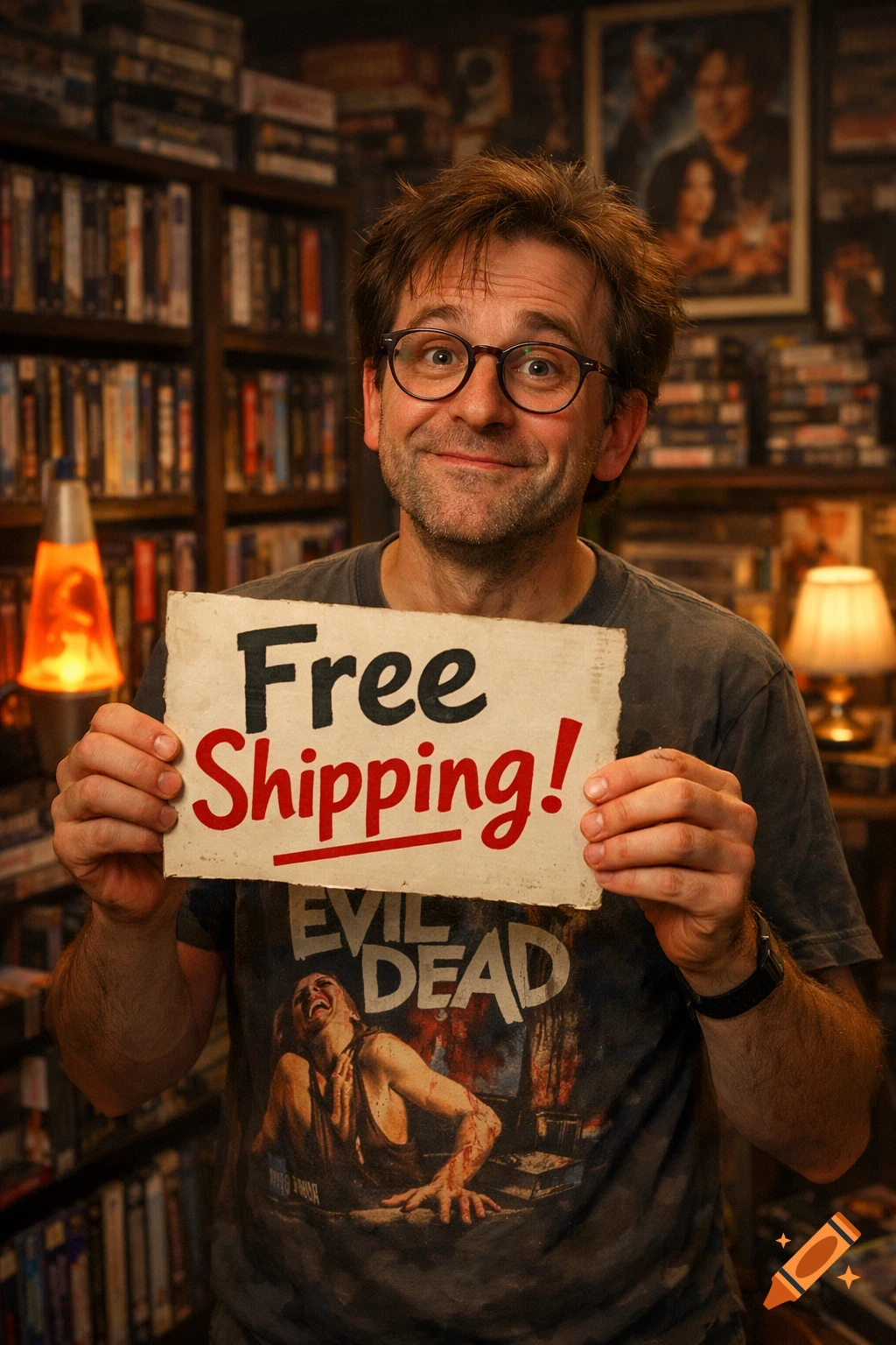 A smiling man with glasses and a beard holds a "Free Shipping!" sign in a room filled with movies. He wears an "Evil Dead" t-shirt.