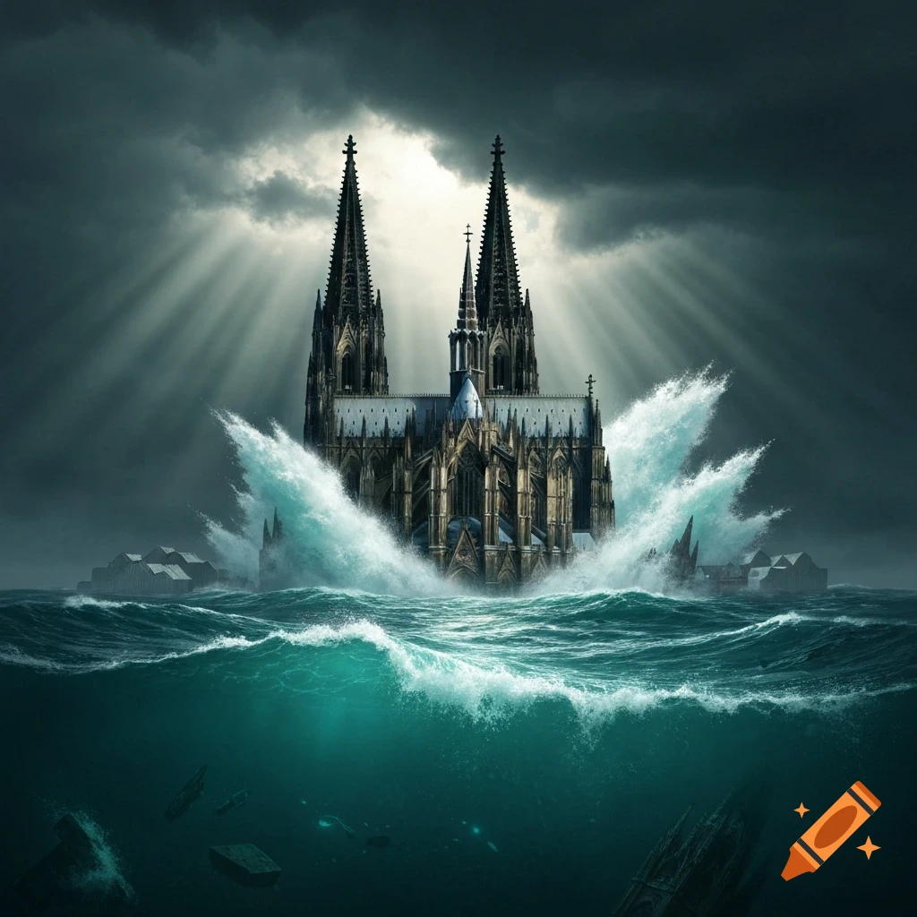 Cologne Cathedral half-submerged in a stormy sea with crashing waves and dramatic light rays from dark clouds.