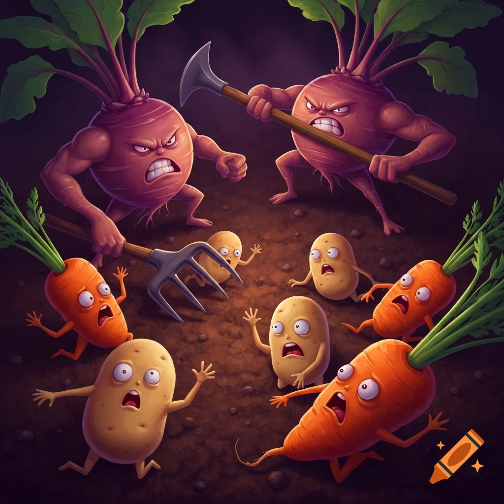 Angry, muscular beetroots with tools chase scared potatoes and carrots in a cartoon style.