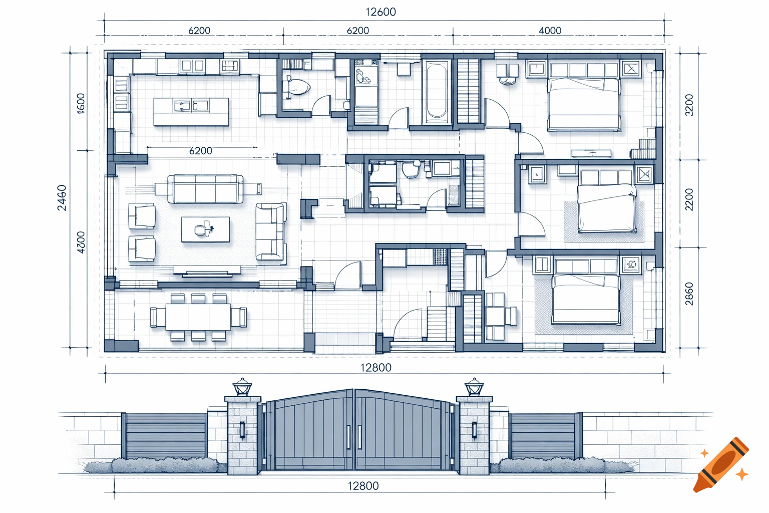 Detailed architectural blueprint of a house floor plan with three bedrooms, a kitchen, living room, bathrooms, and an entrance gate, with dimensions.