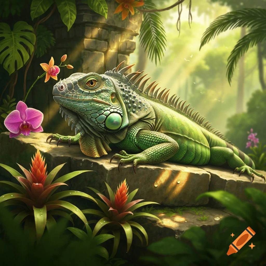 A detailed green iguana rests on a mossy stone ledge amidst vibrant tropical plants and flowers in a sunlit jungle.