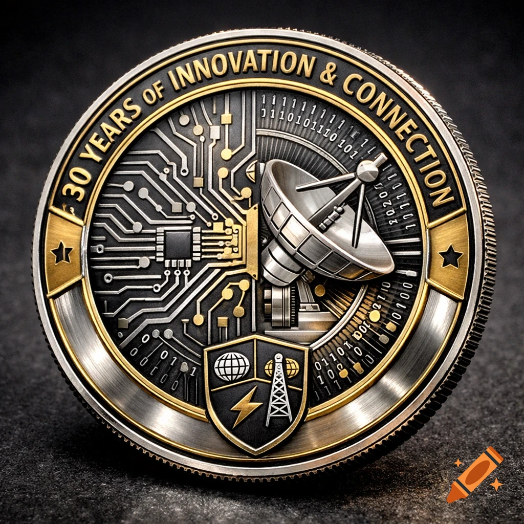 A detailed silver and gold challenge coin featuring circuit board patterns, a satellite dish, and text '30 Years of Innovation & Connection'.