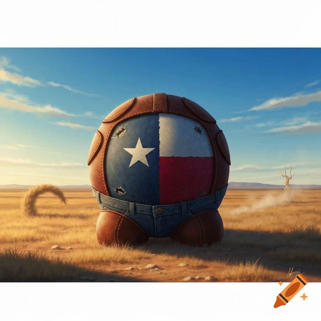 A round, cartoon Texasball character with a Texas flag design and denim jeans stands in a vast, dry desert landscape.
