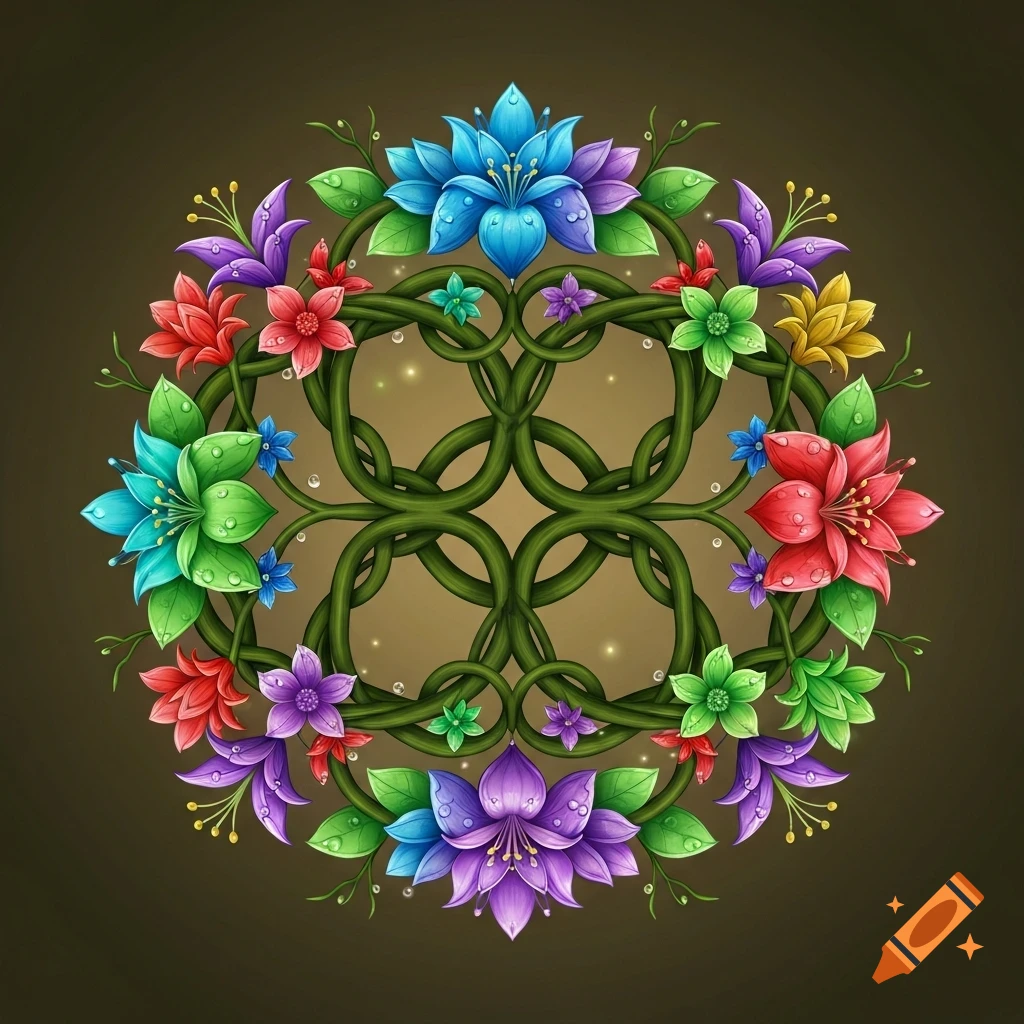 A vibrant floral mandala illustration featuring entwined green vines and colorful flowers with dew drops.