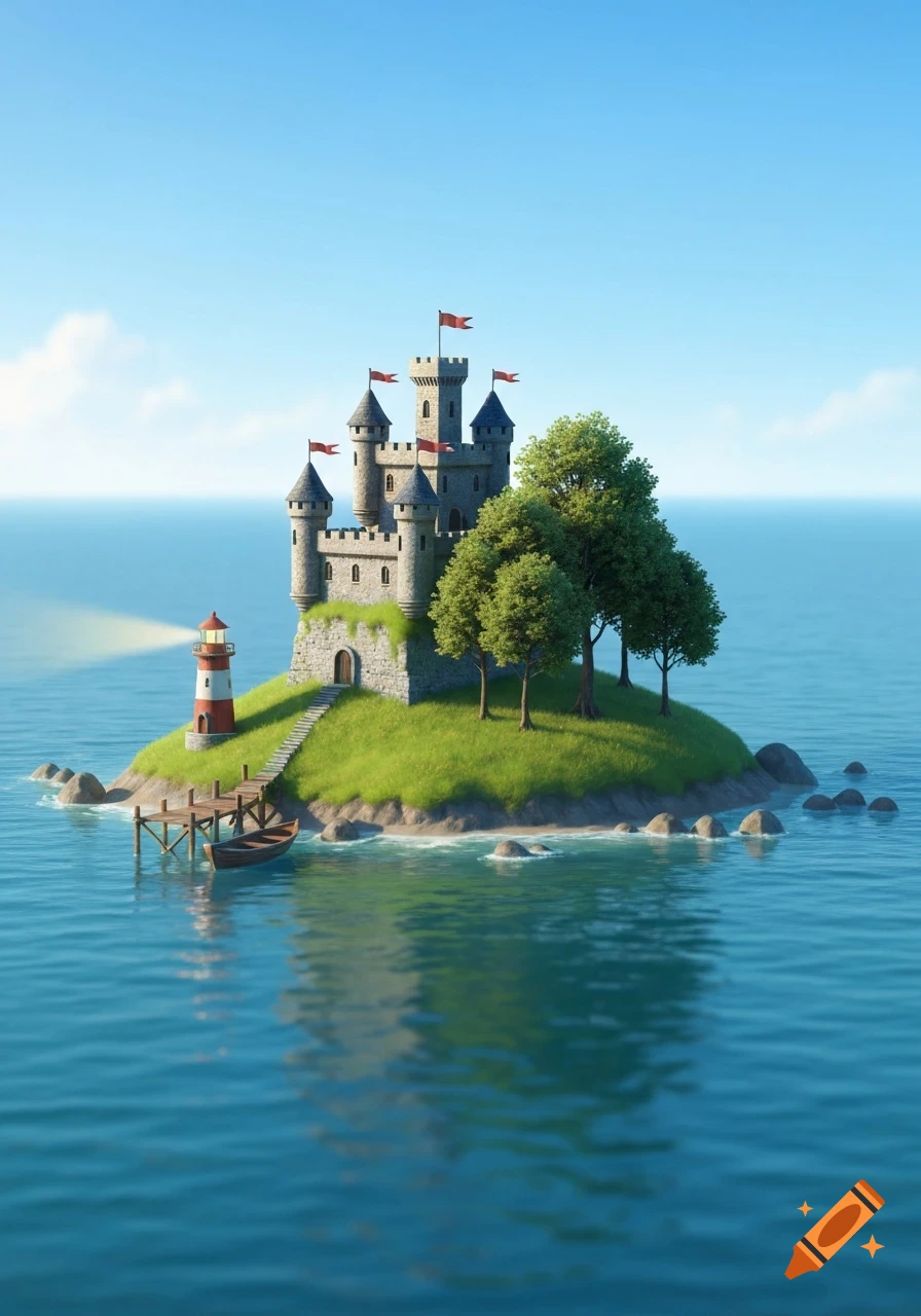 A stylized fantasy castle with red flags on a small grassy island with trees, a lighthouse, a wooden dock, and a boat, all surrounded by blue ocean under a clear sky.