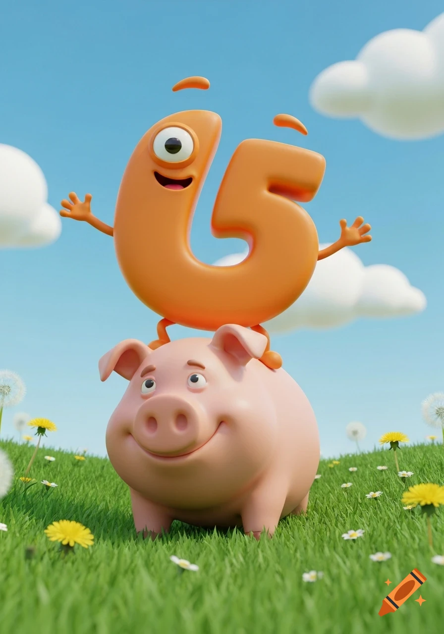 A cheerful 3D cartoon pig smiles in a grassy field with an orange character shaped like the number 65 riding on its back.