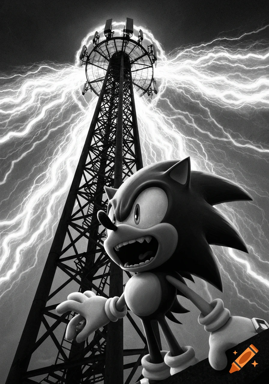 Black and white image of an aggressive Sonic the Hedgehog screaming under a towering 5G phone mast amidst bright lightning flashes.