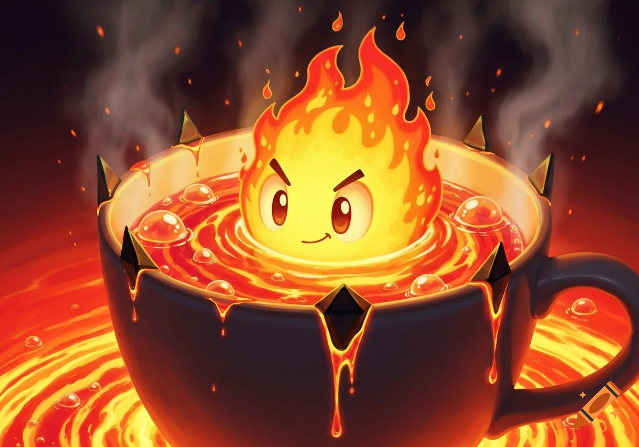 A cartoon flame character with an angry expression floats in a dark cup filled with bubbling red lava, surrounded by fire.